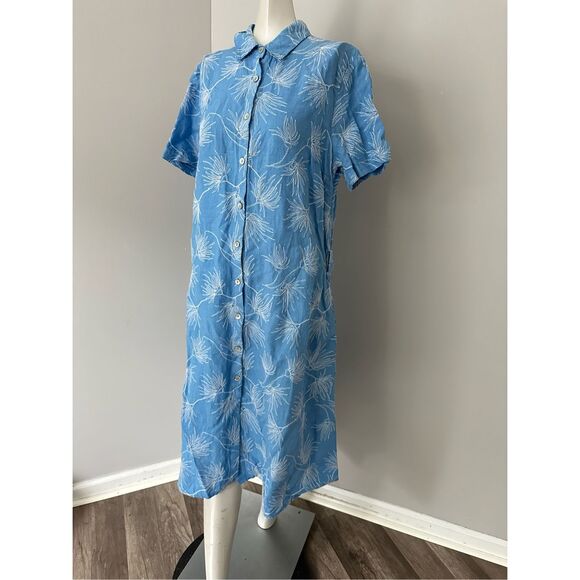 NWT 120% Lino Button Front Short Sleeve Embroidered Linen Shirt Dress Blue Sz 46 - Picture 3 of 9
